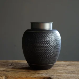 black textured ceramic tea jar with metal lid full product view