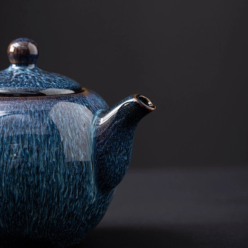 top view of 250ml blue ceramic teapot showing opening