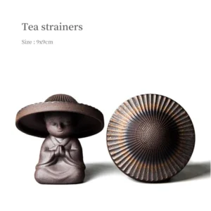 full product view of buddha hat ceramic loose leaf tea strainer with little monk base
