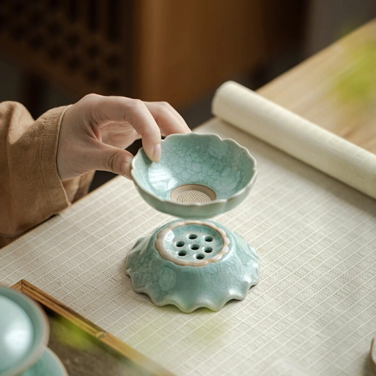 side profile of crackle glaze ceramic lotus loose leaf tea strainer with base