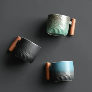 main product view ceramic tea cup with wooden handle