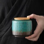 full view of gradient blue-green crackle glaze ceramic tea jar