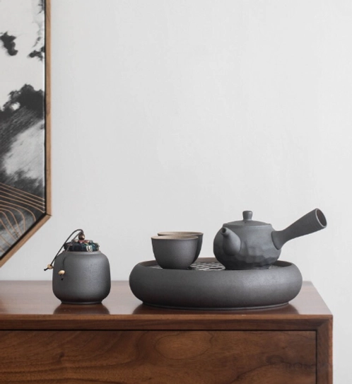 190ml charcoal kyusu teapot styled on minimalist tea tray