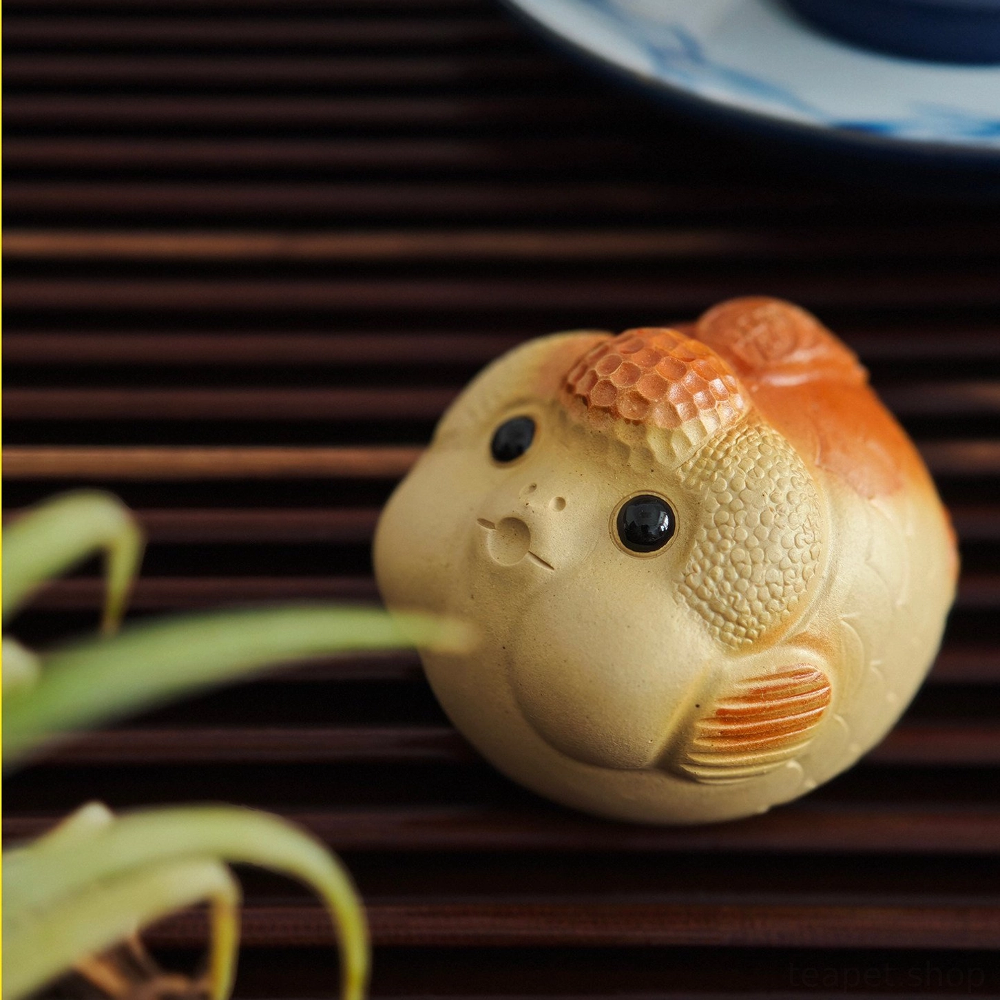 close up of glossy black eye detail on lucky fish zisha tea pet