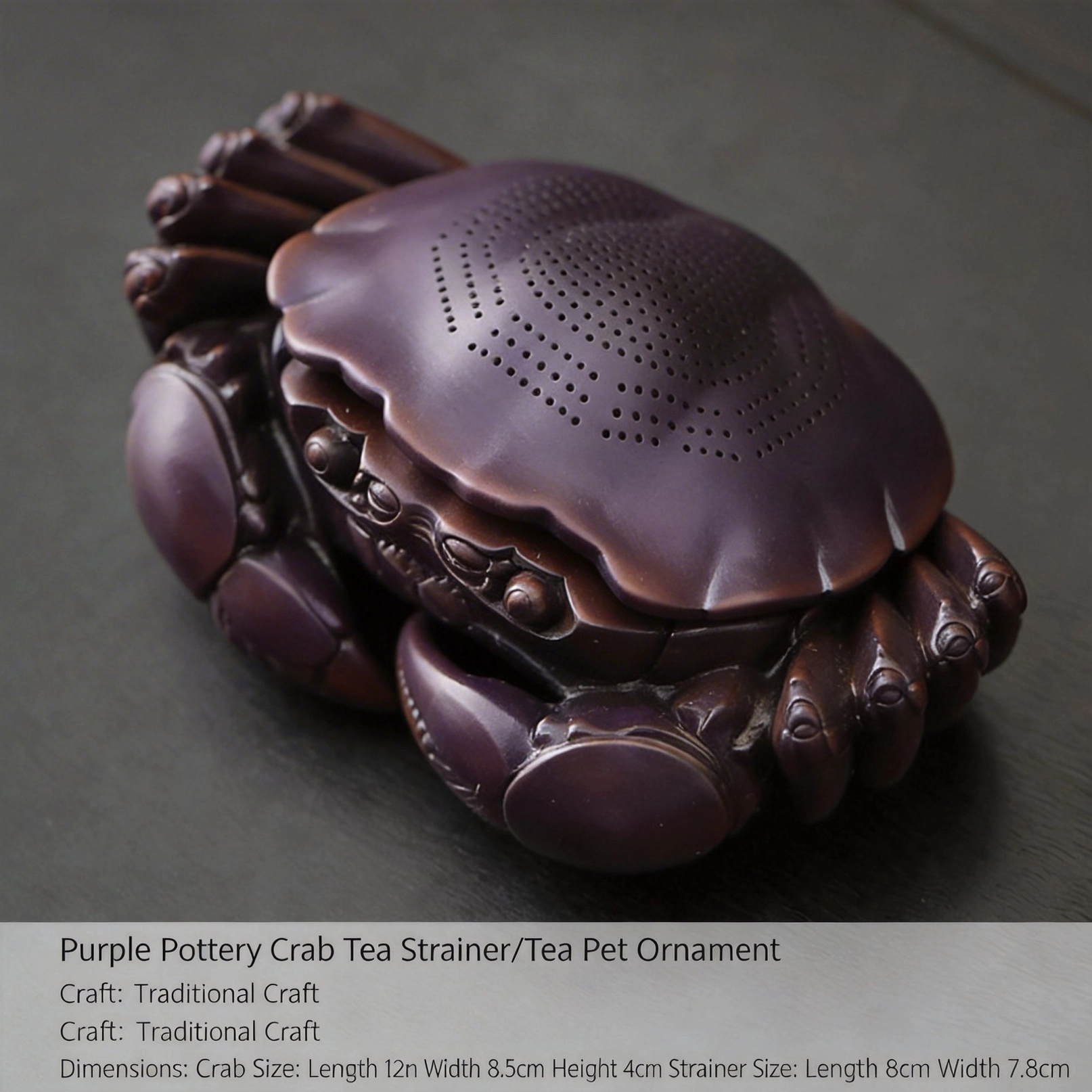 purple pottery crab tea pet close up of hand carved details
