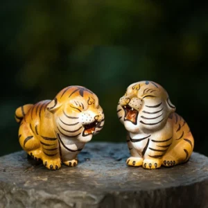 Hand-painted cute zodiac tiger tea pet main front view on wooden tea tray