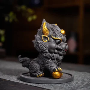 cute qilin tea pet with gold accents and matching display base full view