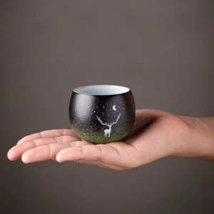 set of 2 50ml black green gradient deer ceramic gongfu tea cups main view