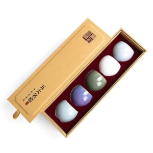 Five famous kilns style Chinese ceramic tea cups set full view