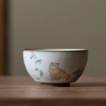 Full collection of 5 handpainted cat crackle glaze chawan tea bowls