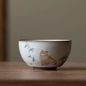 Full collection of 5 handpainted cat crackle glaze chawan tea bowls