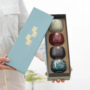 full set of four mixed color chinese ceramic tea cups in blue gift box