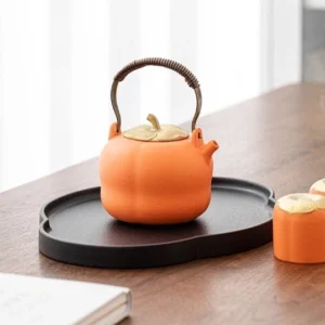 full set orange ceramic persimmon gongfu tea set on wooden table