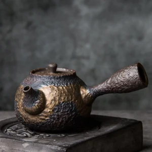 full side view of 220ml rustic ceramic kyusu teapot with side handle