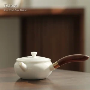 full side view of 180ml white porcelain kyusu teapot with wood handle