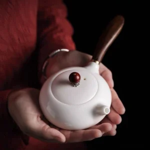 full product view 190ml white porcelain kyusu teapot with wooden side handle