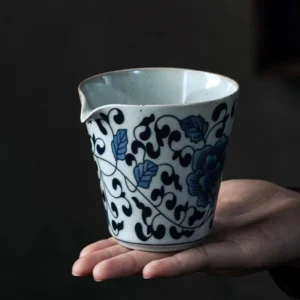 Full view of hand painted blue and white porcelain 200ml Gong Dao Bei tea pitcher