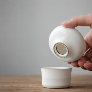 full set of white ceramic gongfu tea with loose leaf tea strainer on tea tray