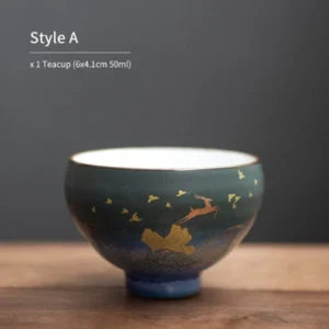 Full view of hand-painted golden deer dark green ceramic 50ml chawan tea bowl