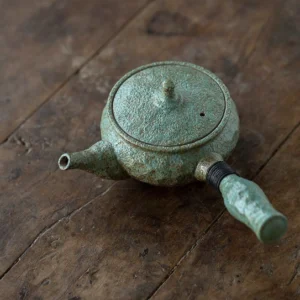 full set rustic green ceramic kyusu teapot with candle warming base