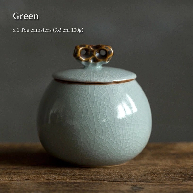 green variant vintage ceramic airtight tea jar with ice crack glaze