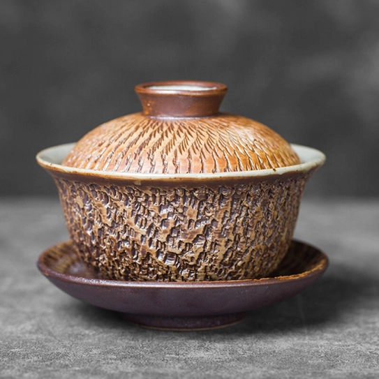 hand carved texture detail of mini ceramic gaiwan