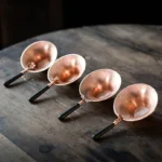 Hand hammered brass loose leaf tea strainer with hardwood handle full product view