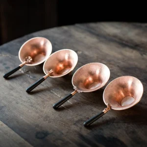 Hand hammered brass loose leaf tea strainer with hardwood handle full product view