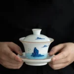 full view of 150ml hand-painted blue mountain cloud gaiwan tea set with cup
