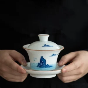 full view of 150ml hand-painted blue mountain cloud gaiwan tea set with cup