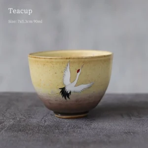 hand-painted ceramic crane tea cup front view