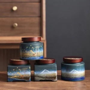 Full collection of hand-painted ceramic tea jars with wooden lids in four styles