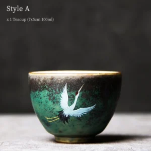 Hand-painted crane ceramic tea cup style A front view