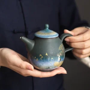 hand painted deer starry sky ceramic teapot full view