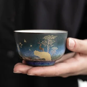 hand-painted gradient blue ceramic chawan golden deer tea bowl main view