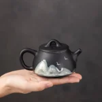 full view of hand-painted ink mountain ceramic teapot 220ml