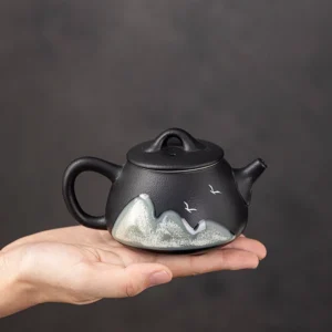 full view of hand-painted ink mountain ceramic teapot 220ml