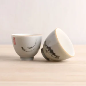 full set view hand painted ink wash fish chinese ceramic tea cup 130ml
