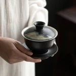 hand-painted landscape black ceramic gaiwan tea set 170ml front view