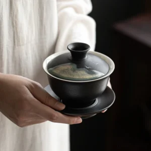 hand-painted landscape black ceramic gaiwan tea set 170ml front view