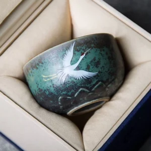 Full view of hand painted lotus crane ceramic chawan tea bowl
