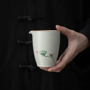 Hand-painted lotus 180ml ceramic Gong Dao Bei tea pitcher full product view