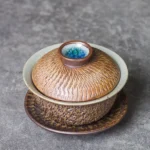 handcrafted mini ceramic gaiwan tea set with carved wood grain texture