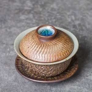 handcrafted mini ceramic gaiwan tea set with carved wood grain texture