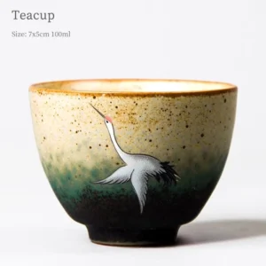 handcrafted 100ml ceramic crane tea cup front view green gradient glaze
