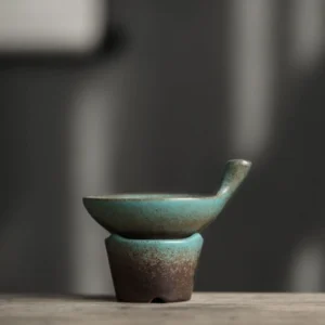 Handcrafted gradient blue green ceramic loose leaf tea strainer with stainless steel mesh