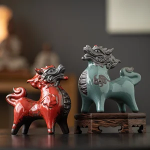 handcrafted ceramic qilin tea pet fire and water mythical creature figurines