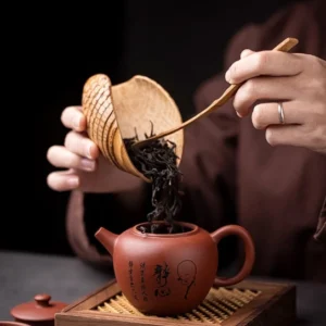 full view of handcrafted old bamboo root tea scoop and tea spoon set
