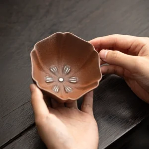 handcrafted petal shape rustic clay tea cup 120ml front view