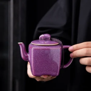 handcrafted purple glazed square ceramic teapot full product view